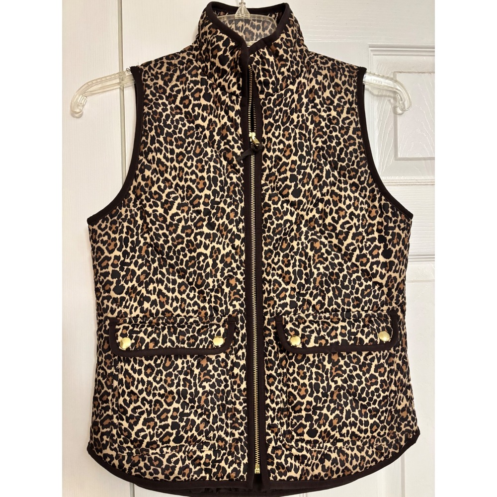 J.Crew Excursion Quilted Vest Leopard Print Brown Tan XXS Puffer Vest Pocket